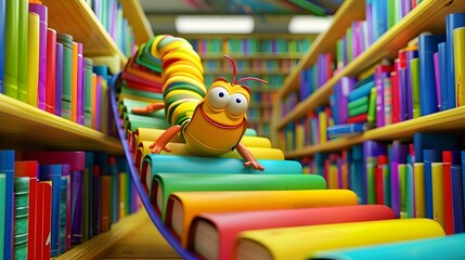 A playful cartoon caterpillar with big eyes crawls among vibrantly colored bookshelves in a library, evoking a sense of fun and learning. - obrazy, fototapety, plakaty