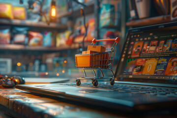 A miniature shopping cart sits on an open laptop in a dimly lit room. - obrazy, fototapety, plakaty