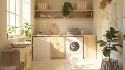 Scandinavian style laundry corner with serene beige tones.