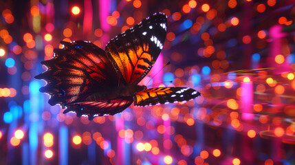 Against a backdrop of pulsing neon lights, a holographic butterfly flutters, its wings casting...
