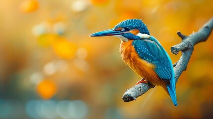 Vibrant kingfisher perched on a branch with soft background.