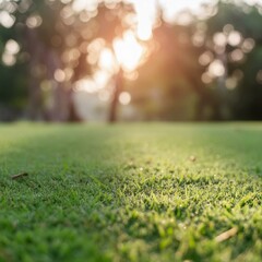 Fototapeta premium natural grass field background with blurred bokeh and sun