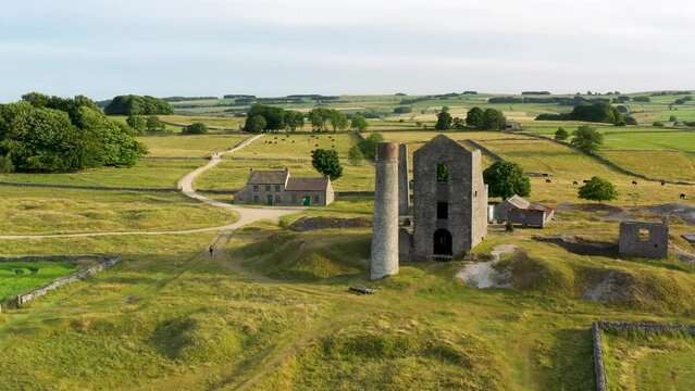 Magpie Mine disused industrial lead mine near Ashford, Derbyshire, UK. Closed 1958 after 200 years use. Video fly in looking south