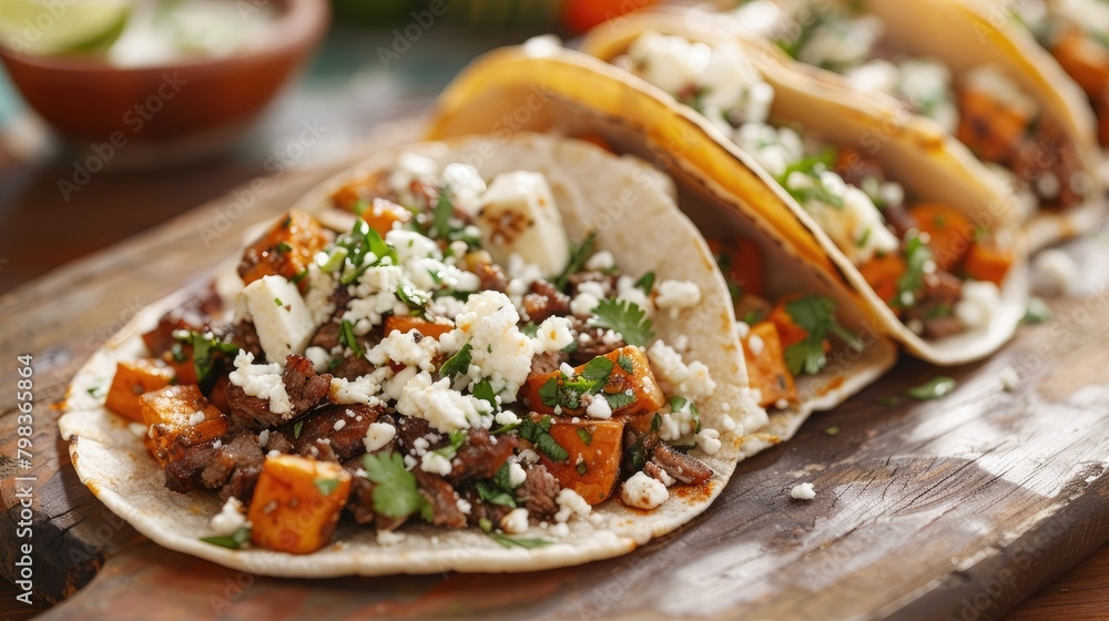 Sticker enjoy flavorful mexican tacos filled with a delicious combination of meat sweet potatoes and cotija 