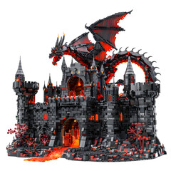 Naklejka premium A dragon castle is floating in the sky. The castle is made of black and red bricks and has a red roof. The clouds are fluffy and white, giving the scene a dreamy and whimsical feel