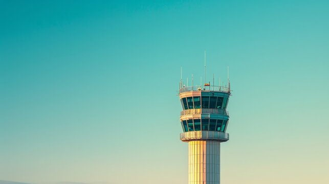 Morning light on air traffic control tower with vivid blue backdrop.