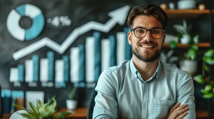 Obraz premium Revenue Uplift: Businessman Illustrates Investment Growth with Arrow and Percentage