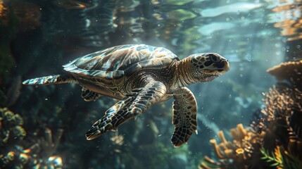 Explore the underwater world in a prompt highlighting a majestic Loggerhead Sea Turtle gracefully navigating its reef habitat
