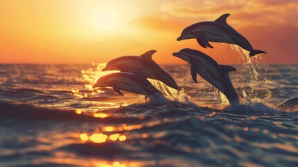 As the sun sets over the ocean a pod of dolphin silhouettes can be seen leaping out of the water in the distance..