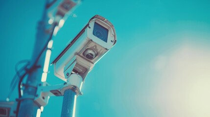 Close-up installation of outdoor surveillance equipment with clear sky.
