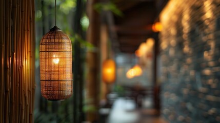 Rustic bamboo light fixture in a dimly lit contemporary setting.