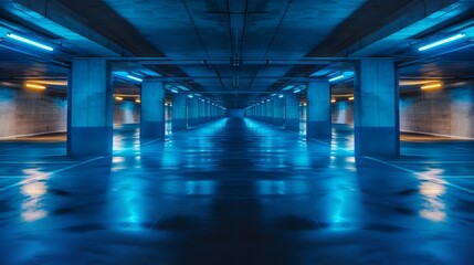 Fototapeta premium Empty parking garage with cool blue lighting and concrete pillars.