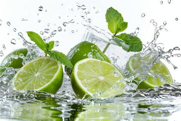 refreshing lime mint and water splash on white food ingredients photo
