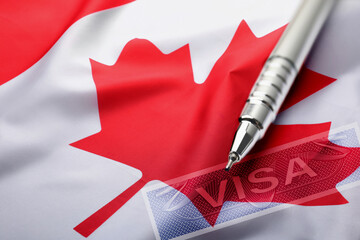 Visa to Canada. Multiple exposure with national flag, closeup