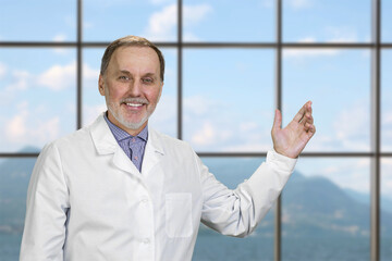 Happy smiling senior doctor showing a copy space with one hand. Checkered window backgorund with landscape view.