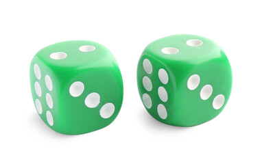 Two green game dices isolated on white