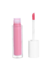 Pink lip gloss and applicator isolated on white. Cosmetic product