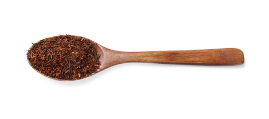 Rooibos tea in spoon isolated on white, top view