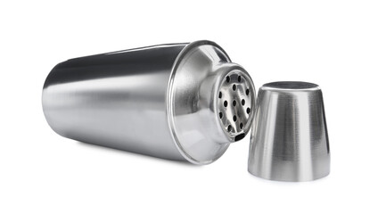 Metal cocktail shaker and cup isolated on white