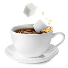 Coffee splashing in cup due to falling sugar cubes on white background