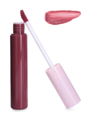 Lip gloss. Sample, bottle and wand on white background