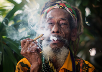 A serene man with dreadlocks exhales smoke, surrounded by vibrant street art, embodying a bohemian lifestyle and cultural expression in a moment of calm reflection.