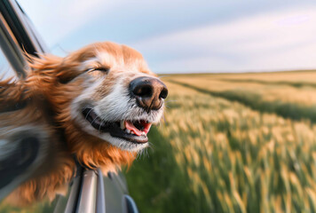 Happy dog enjoying a car ride with window down