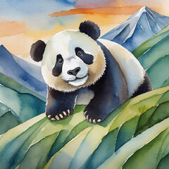 Panda bear watercolor painting, illustration. 