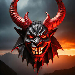 Devil with horns and evil, red and black, illustration.