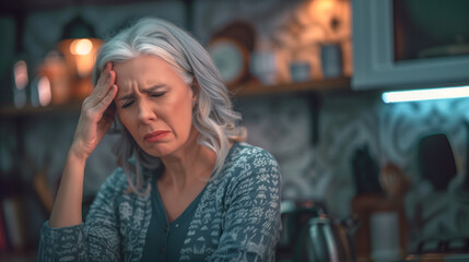 Fototapeta premium A mature woman with gray hair holds her head in her hands, a sign of distress or headache, with acute symptoms of menopause, in a domestic kitchen environment.