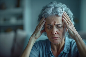 A elderly woman with silver-gray hair sitting in her living room with her hands on her head suffering from a tension headache.