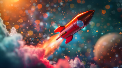 Rocket on colorful background. 3d illustration. Start up concept.