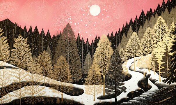 Gold and silver and pink christmas trees nature painting drawing.