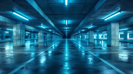 Empty parking garage with cool blue lighting and concrete pillars.
