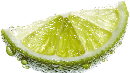  A freshly cut wedge of lime, showcasing intricate pulp details and fresh juice beads, captured in high resolution, transparent background, PNG Cutout
