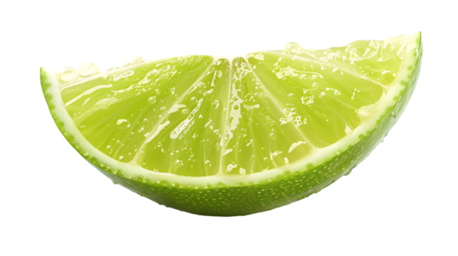  A freshly cut wedge of lime, showcasing intricate pulp details and fresh juice beads, captured in high resolution, transparent background, PNG Cutout