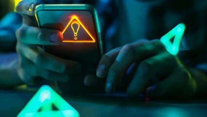 A person uses a smartphone displaying a glowing warning triangle and exclamation mark, underscoring the potential cyber threats and data breaches inherent in mobile technology. 