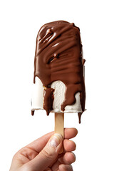 Obraz premium Woman Holding a Chocolate Dipped Ice Cream Bar Popsicle Isolated on. transparent Background 
