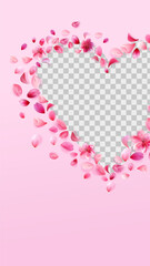 valentines day story template. Rose petals png heart frame isolated on pink background.