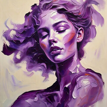 Portrait of a beautiful girl with purple hair. Oil painting.
