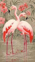 Gold pink silver flamingoes animal nature bird.