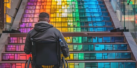 man in wheelchair in front of colorful stairs, rainbow color - obrazy, fototapety, plakaty