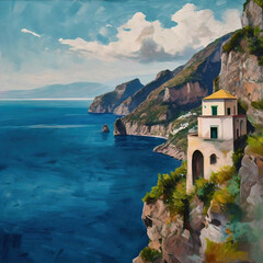 Oil painting of a monastery on the cliff over the sea in Italy