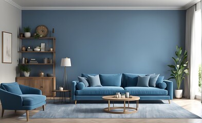 Mockup living room with blue sofa 3d illustration rendering
