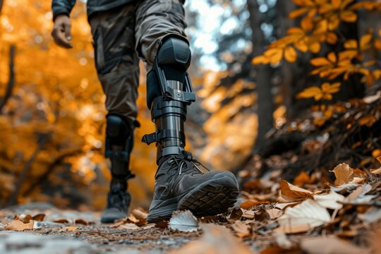 A man with a prosthetic leg is walking through a forest. Disabled athlete concept