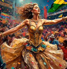 Dreamlike painting of a dancer woman in a golden dress immersed at the Carnival 