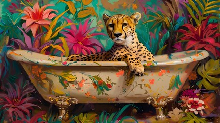 Tropical animal print flower palm tree background. Cute leopard in retro vintage jungle bathroom. Vibrant exotic floral pattern design modern trendy digital art illustration wallpaper. 3d modern art.