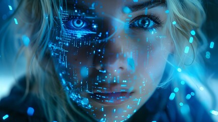 Futuristic woman background, fantasy face with glowing hologram, visualization 3d rendering universe technology, cyborg cyberpunk style wallpaper.