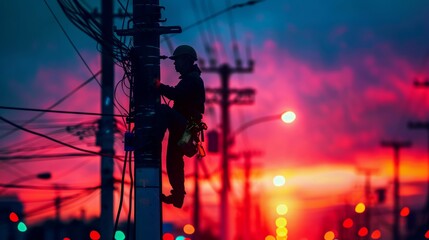 Silhouette of electrician repairing pole at sunset.