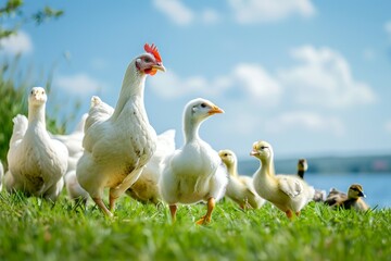 A group of chickens and ducks are walking together in a grassy field